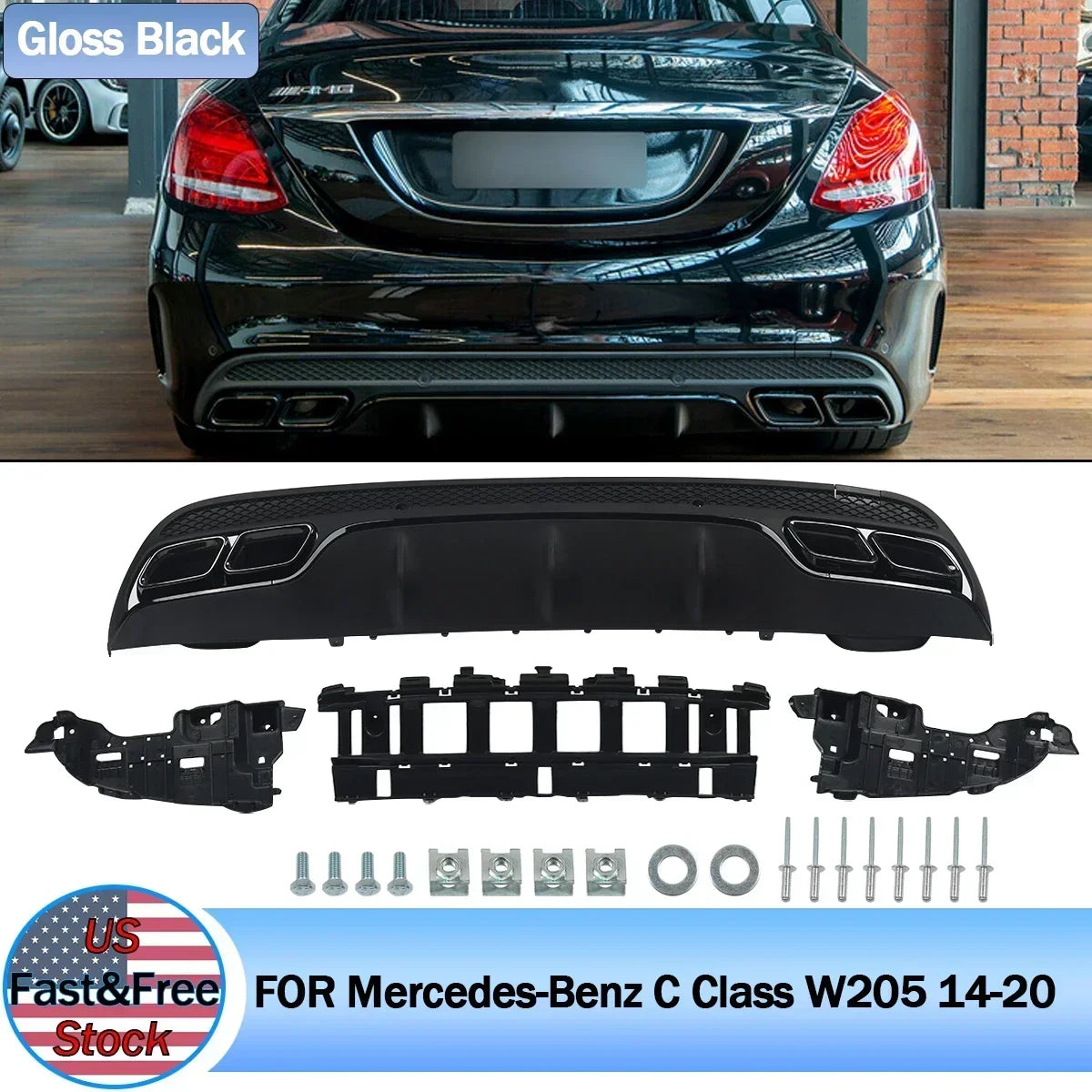 Fit for C63 AMG Style Rear Lip +Exhaust Tips  For Mercedes W205 Sedan 2015 2016 2017 2018 Revix