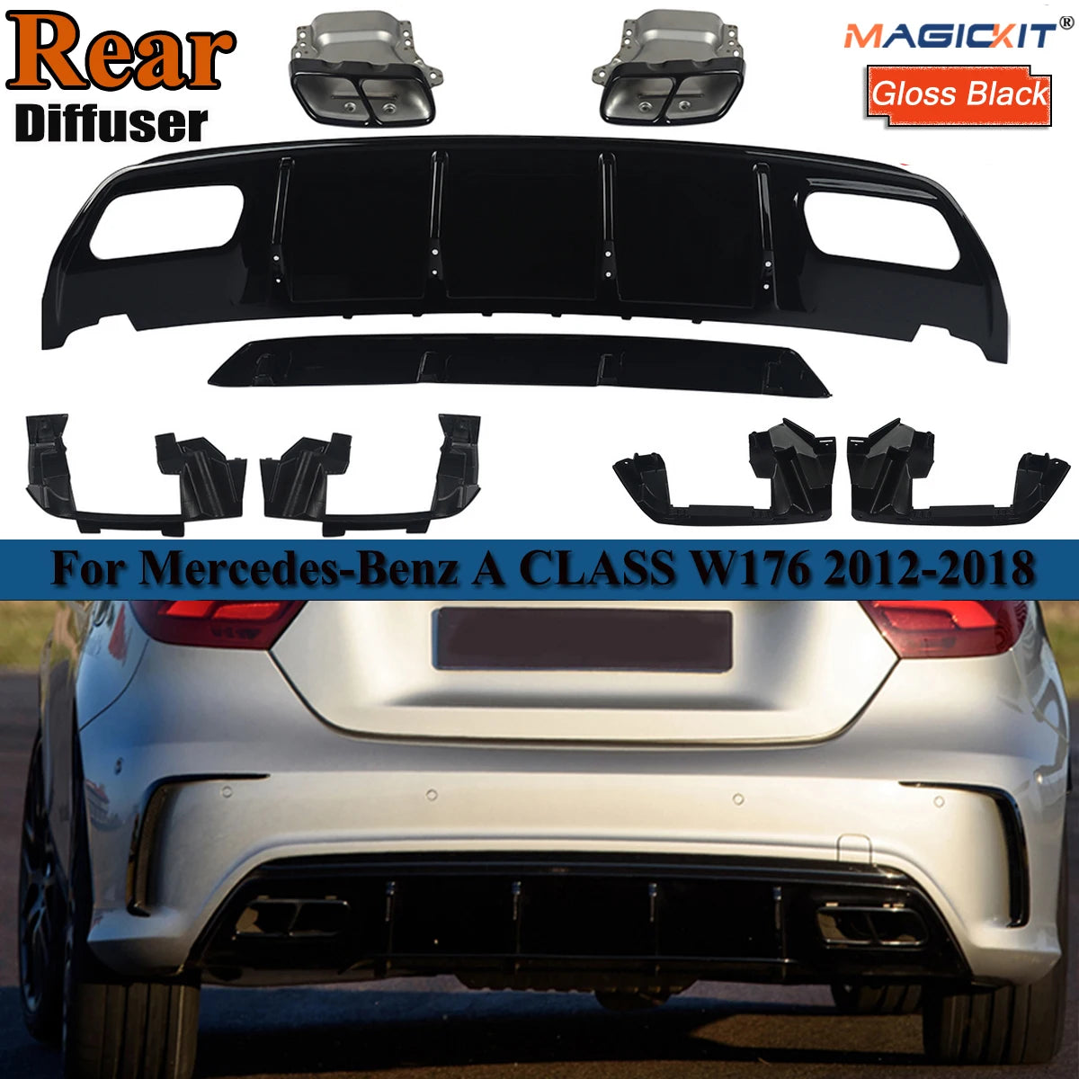 For Mercedes Benz W176 Bumper Diffuser with Exhaust Tips 2012-2018 A45 AMG A160/180/200/220/250 Hatchback Rear Revix