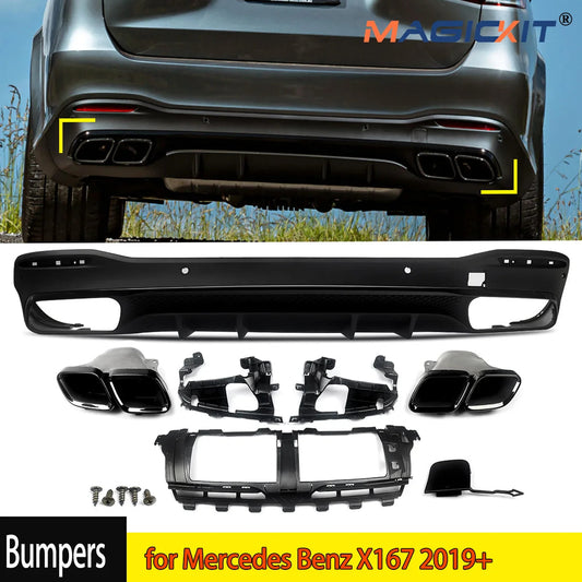 GLS63 AMG Style Black Rear Diffuser with Exhaust Tips for Mercedes Benz X167 2019+ Revix