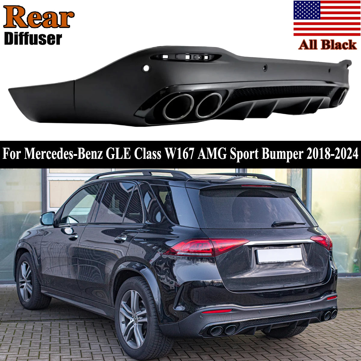 Mercedes-Benz GLE53 Rear Bumper Diffuser Lip + Exhaust Tips For GLE350 GLE400 GLE450 GLE580 2019+ Revix