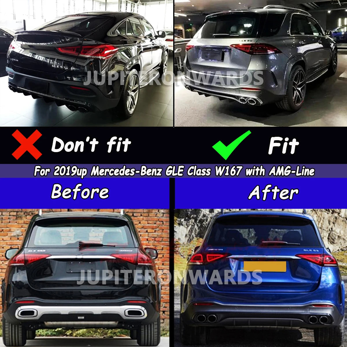 Mercedes-Benz GLE53 Rear Bumper Diffuser Lip + Exhaust Tips For GLE350 GLE400 GLE450 GLE580 2019+ Revix