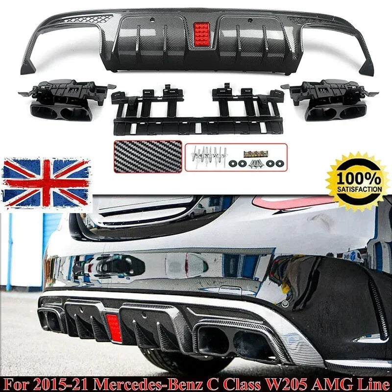 Rear Diffuser With Exhaust Tips For W205 2015-2021 Carbon Look For C63/ C63S/C43 4 Door Sedan Revix