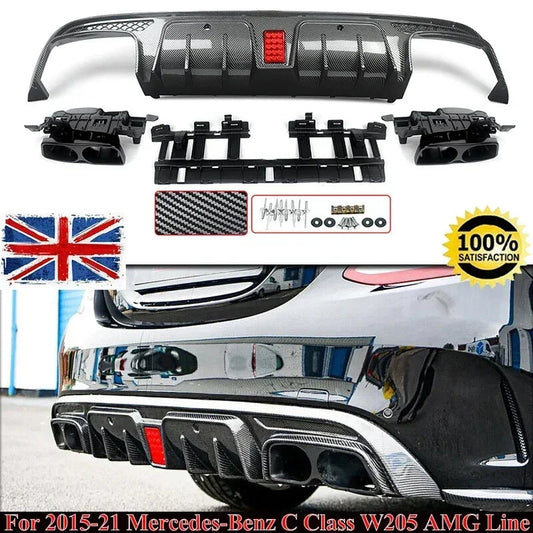 Rear Diffuser With Exhaust Tips For W205 2015-2021 Carbon Look For C63/ C63S/C43 4 Door Sedan Revix